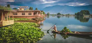 A boatman rowing a shikara on Dal Lake
