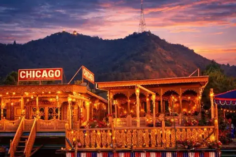 Chicago Group of Houseboats on Dal Lake at dusk