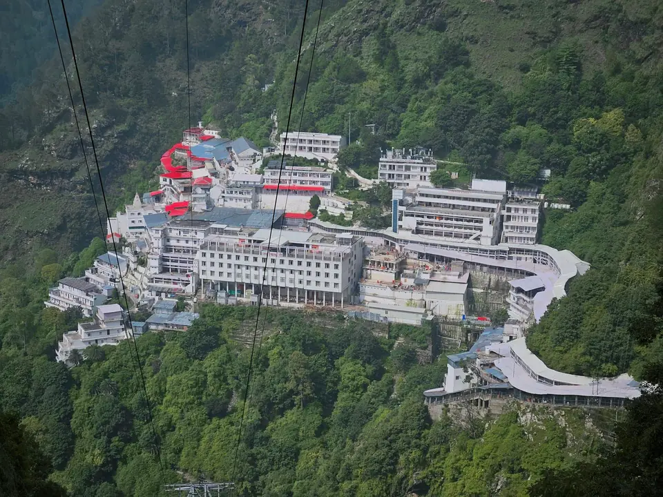 The Vaishno Devi shrine complex on a green mountainside above Katra